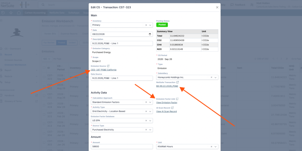 CarbonSuite carbon ledger emission source record in NetSuite